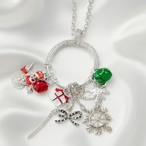 Elegant Silver Holiday Charm Necklace – Snowflake, Bow, Bell & Red Green Gem Acc